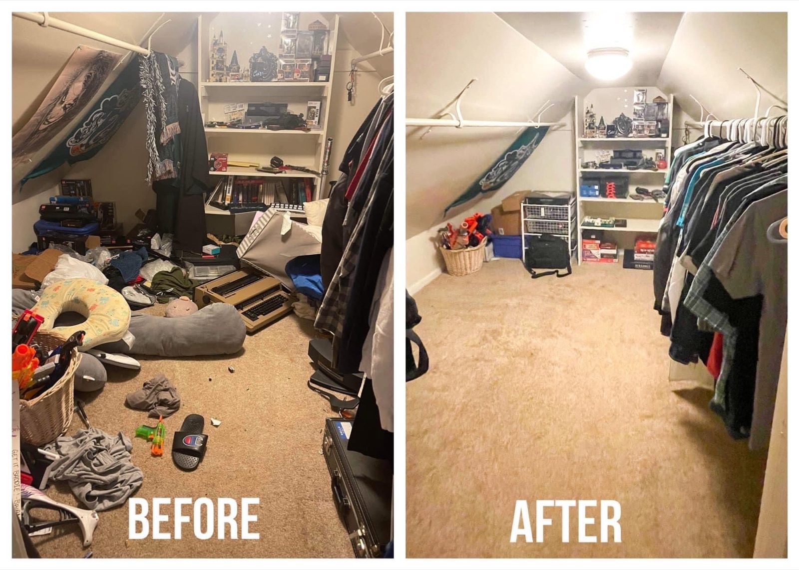 Before and after of a cluttered attic closet organized and cleaned by Jodec Cleaners