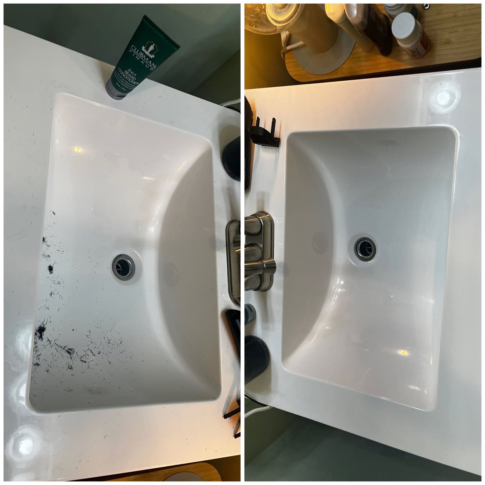 Side-by-side before and after of a bathroom sink cleaned by Jodec Cleaners